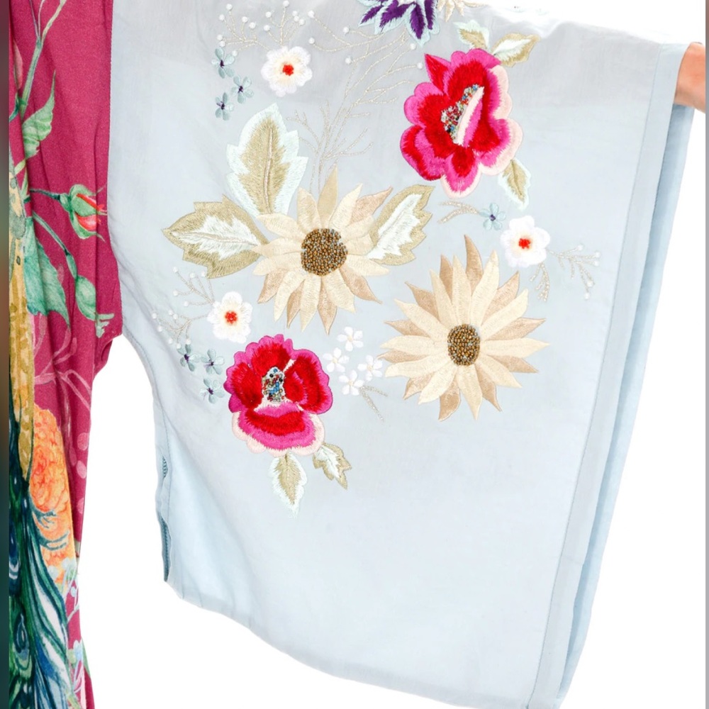 The Marie Antoinette Boho Double Layer Luxury Kimono Duster In Bird Floral Print - Picture 6 of 13